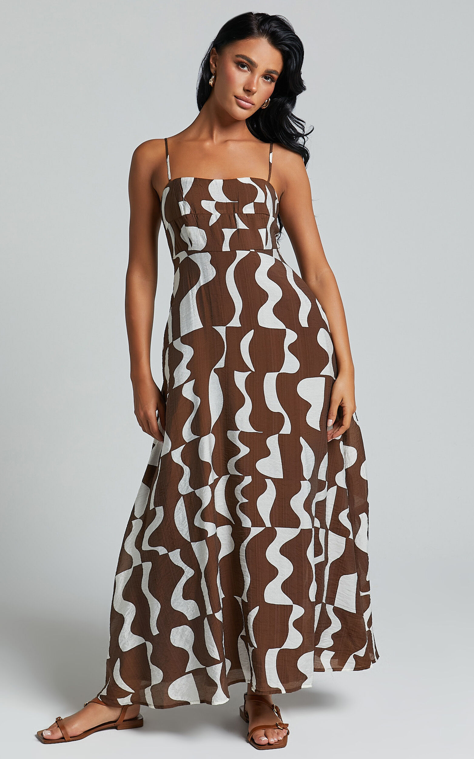 Elisabetta Midi Dress Empire Waist A Line Dress in Chocolate Mono Wave Showpo NZ