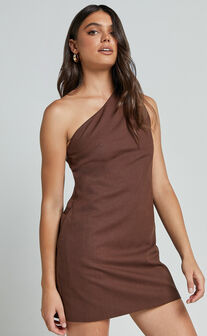 Mardelle Mini Dress - Linen Look One Shoulder Shift Dress in Chocolate