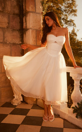 Madalyn Midi Dress - Strapless Sweetheart Bustier Dress in White