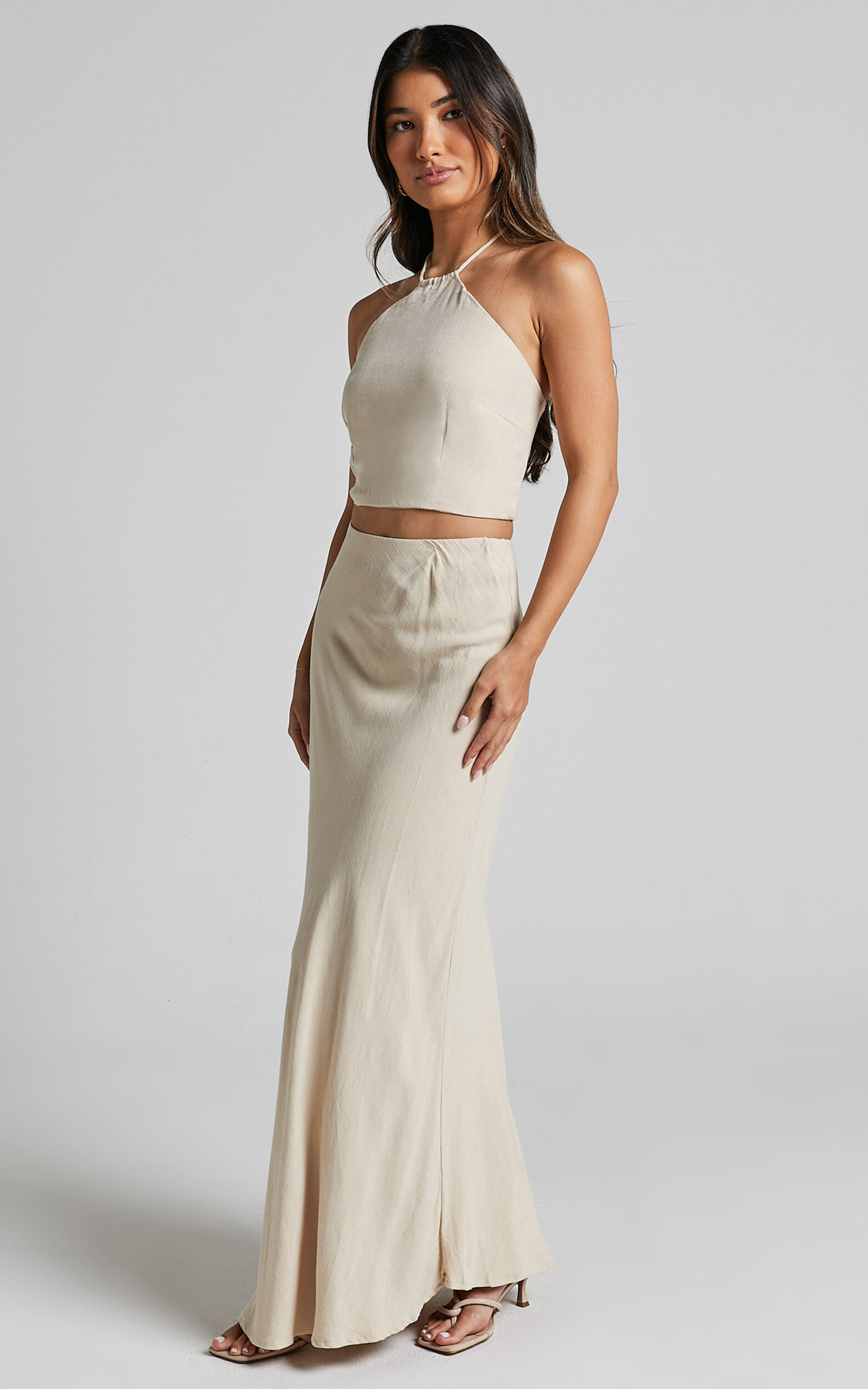 Chelsea Two Piece Set Linen Look Halter Neck Top and Bias Cut