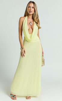 Bettina Maxi Dress - Low Cowl Neck Halter Bodycon Dress in Lemon