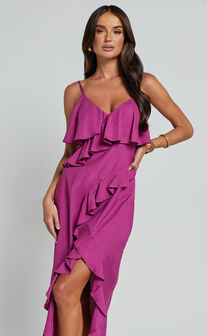Pearline Midi Dress - Linen Look Frill Detail Thigh Split Slip Dress in Grape