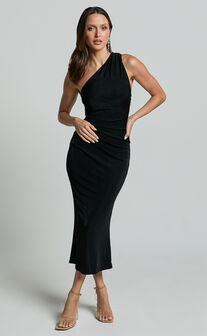 Arietty Midi Dress - One Shoulder Asymmetrical Ruched Dress in Black