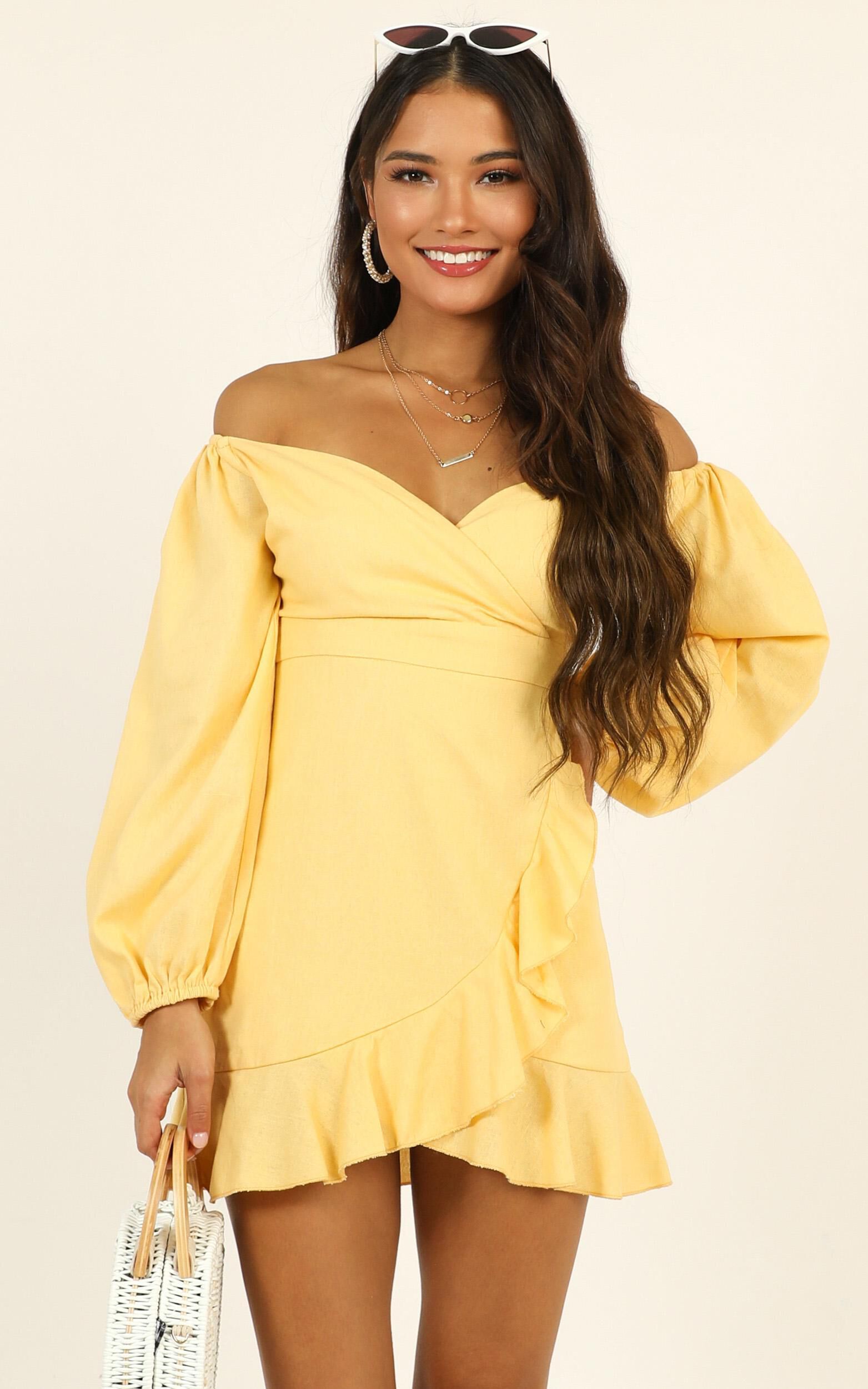 Cant Move On Off Shoulder Mini Dress in Lemon Linen Look - 06, YEL4