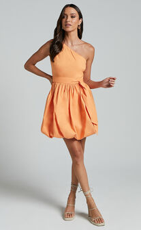 Jovette Mini Dress - One Shoulder Tie Waist Bubble Hem Dress in Apricot