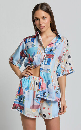Cora Two Piece Set - Scallop Trim Button Up Shirt & Short Set in Blue & Pink Print