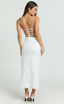 Indiana Midi Dress - Jacquard Square Neck Lace Back Fitted Dress in White