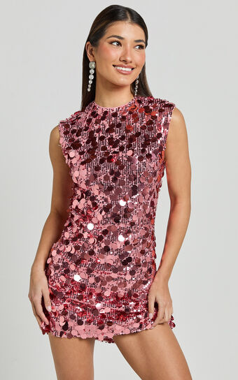 Tracy Mini Dress - Disc Sequin Shift Dress in Rose