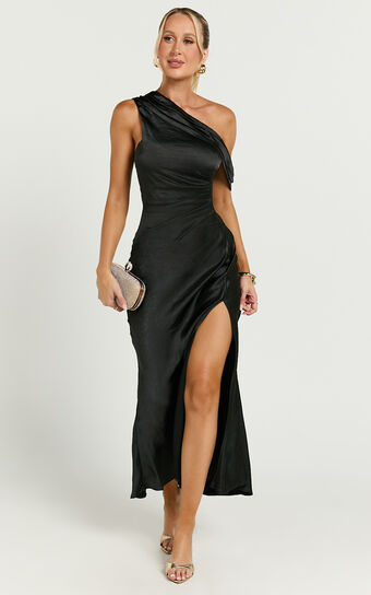 Rowena Midi Dress - One Shoulder Satin Dress in Black