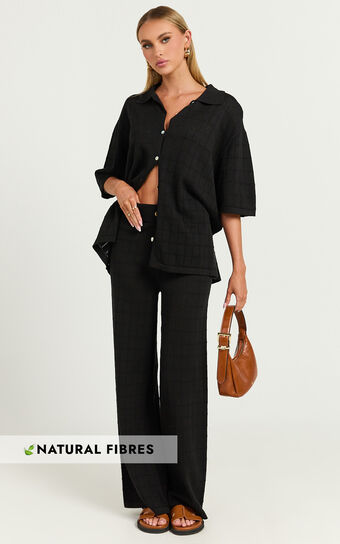 Tommy Two Piece Set - Knit Button Through Top and Pants Two Piece Set in Black