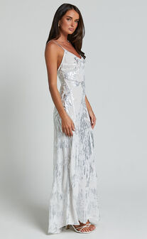 Robynne Maxi Dress - Strappy V Neck Slip Dress in White and Silver