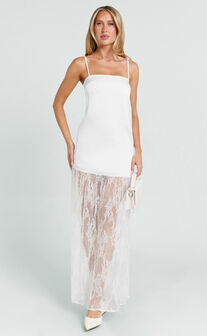 Loren Maxi Dress - Square Neck Contrast Skirt Dress in White