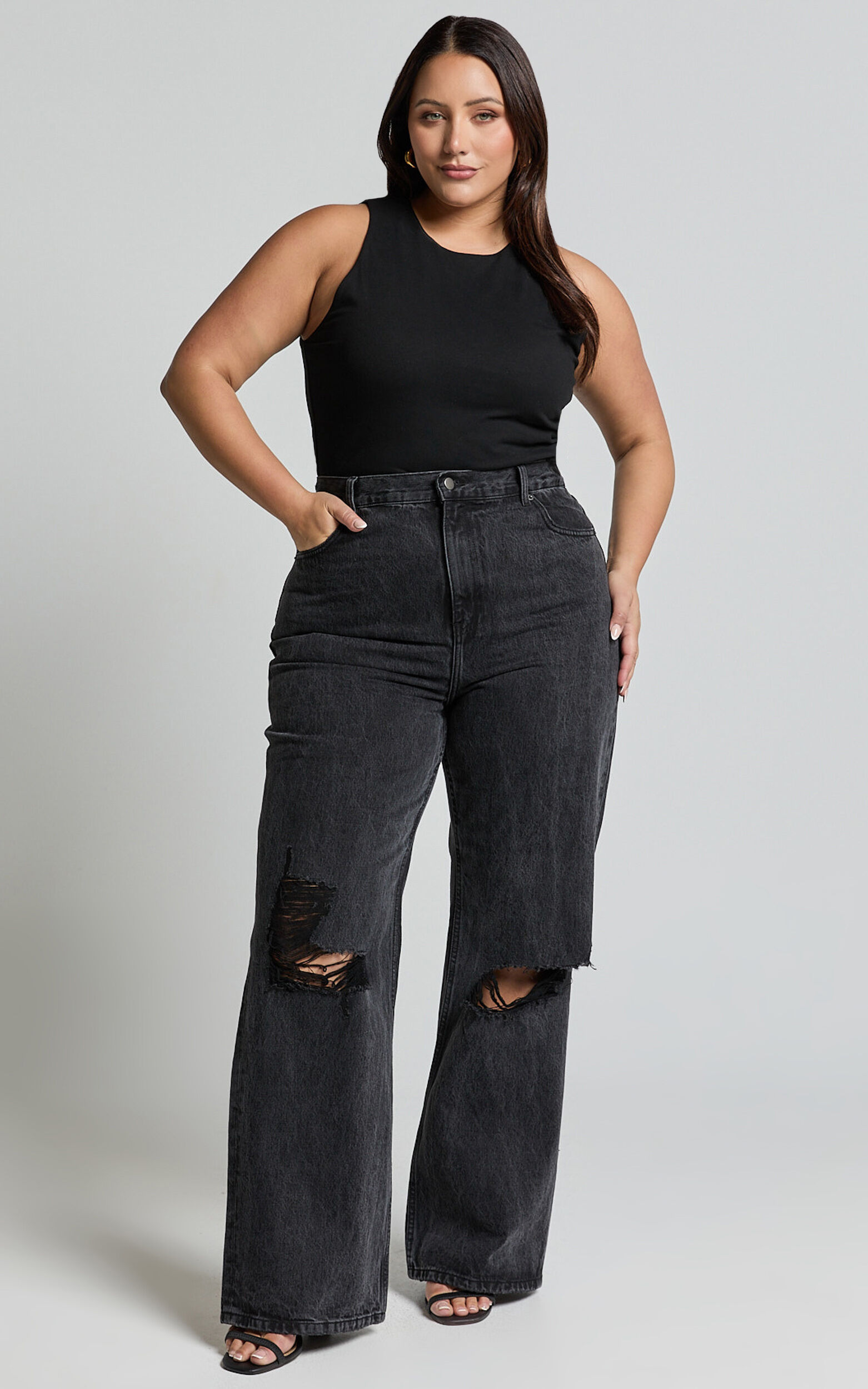 High waisted straight leg jeans black top
