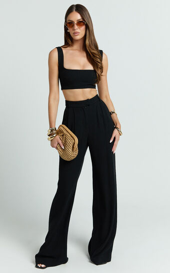 Gaia Two Piece Set - Linen Look Square Neck Crop Top and High Waist Pants Set in Black