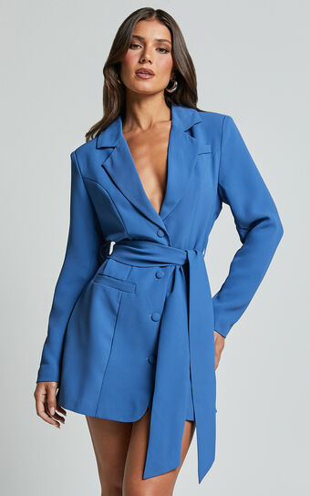 Mhina Mini Dress - Waist Tie Blazer Dress in Cobalt