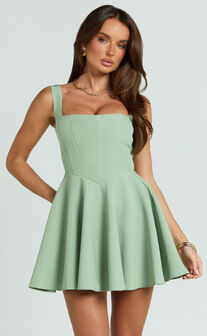 Harmony Mini Dress - Wide Strap Square Neck Fit And Flare Dress in Sage