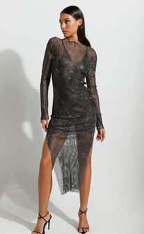 Hollis Mini Dress - Ruched Long Sleeve Plunge Neck Dress in Black