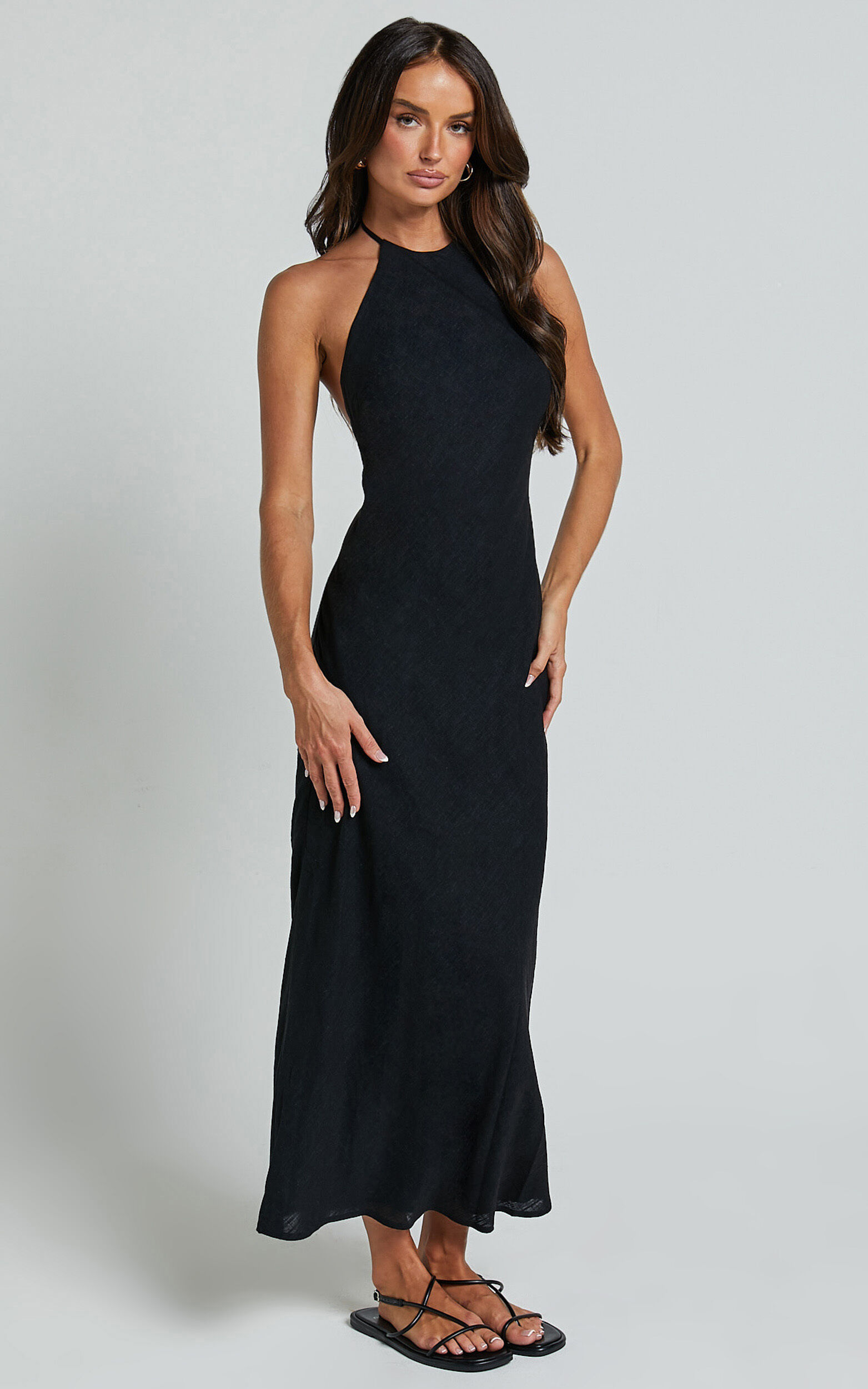 Cyrena Maxi Dress - Linen Halter Neck Sleeveless Slip Dress in Black ...