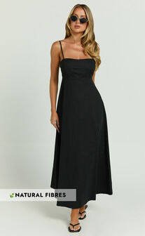 Brette Midi Dress - Linen Straight Neck Strappy Fit And Flare Dress in Black