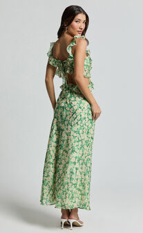 Dahlia Midi Dress - Ruffle Details Slip Dress in Green Floral