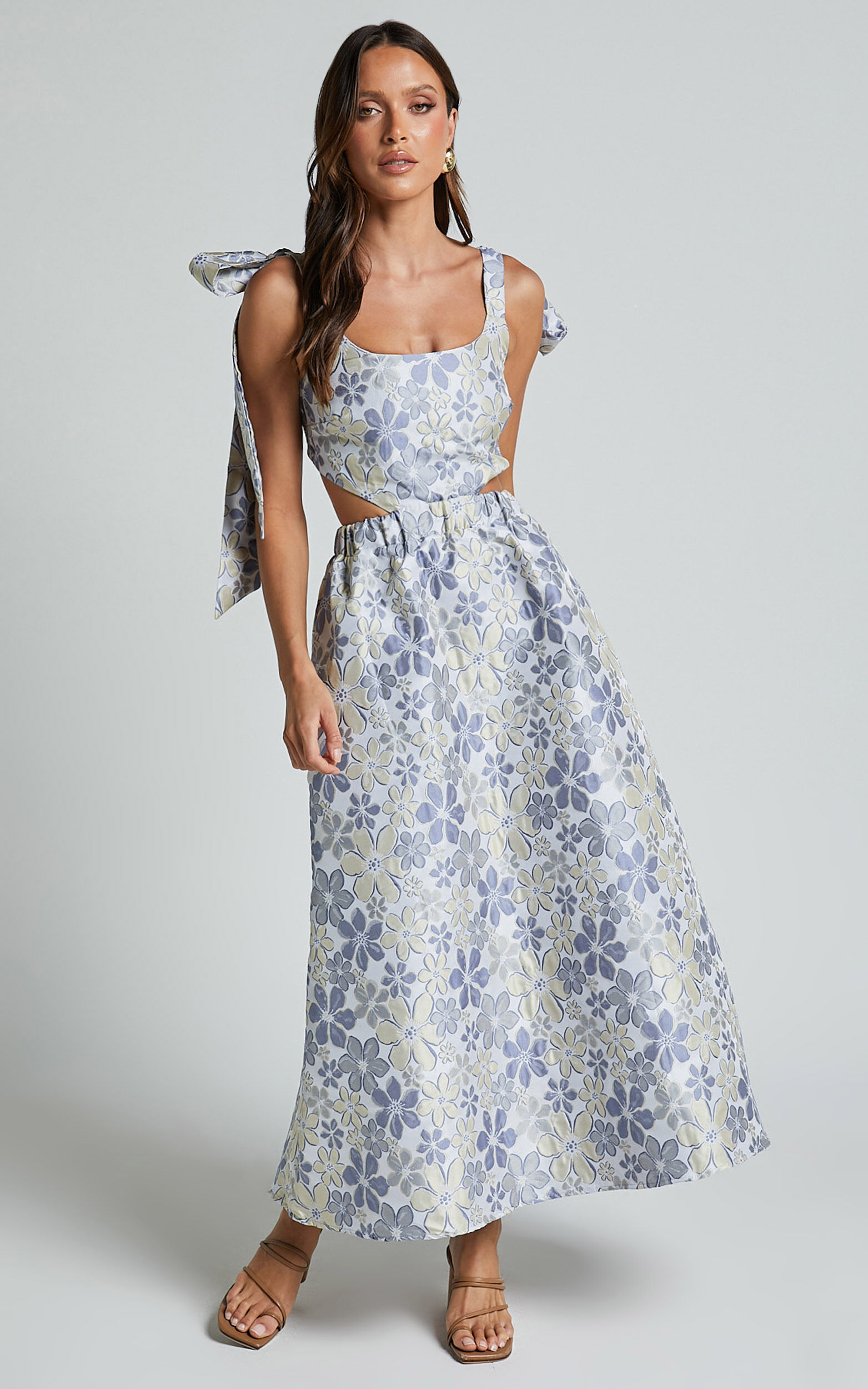 Briella Midi Dress Adjustable Strap Side Cut Out A Line Dress in Blue