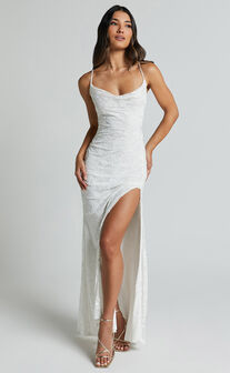 Reese Maxi Dress - Cowl Cross Back Burnout Dress in White