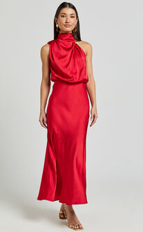 Minnie Midi Dress - Drape Neck Satin Slip Dress in Red