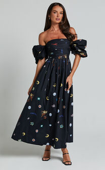 Brianna Maxi Dress - Off Shoulder Dress in Black Print