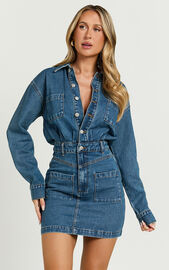 Kamala Mini Dress - Long Sleeve Button Through Denim Dress in Dark Blue ...