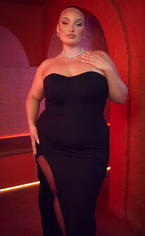 Oriella Maxi Dress - Panelled Thigh Split Strapless Dress in Black