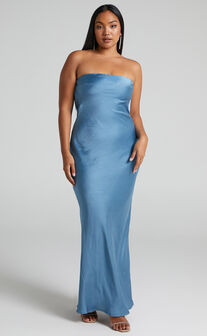 Charlita Maxi Dress - Strapless Cowl Back Satin Dress in Steel Blue