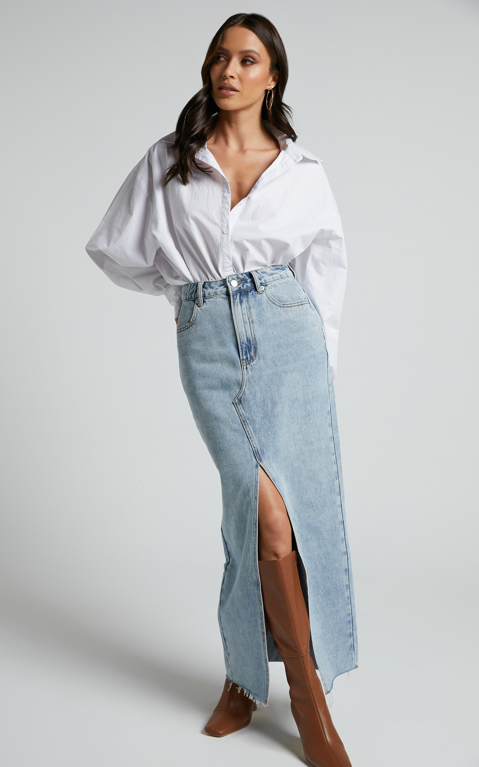 Silk skirt denim shirt top