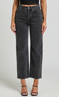 Wilkins Jeans - High Waisted Straight Leg Cropped Hem Jeans in Washed Black