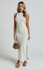 Jessenia Maxi Dress - Linen Look High Neck Dress in Natural | Showpo USA