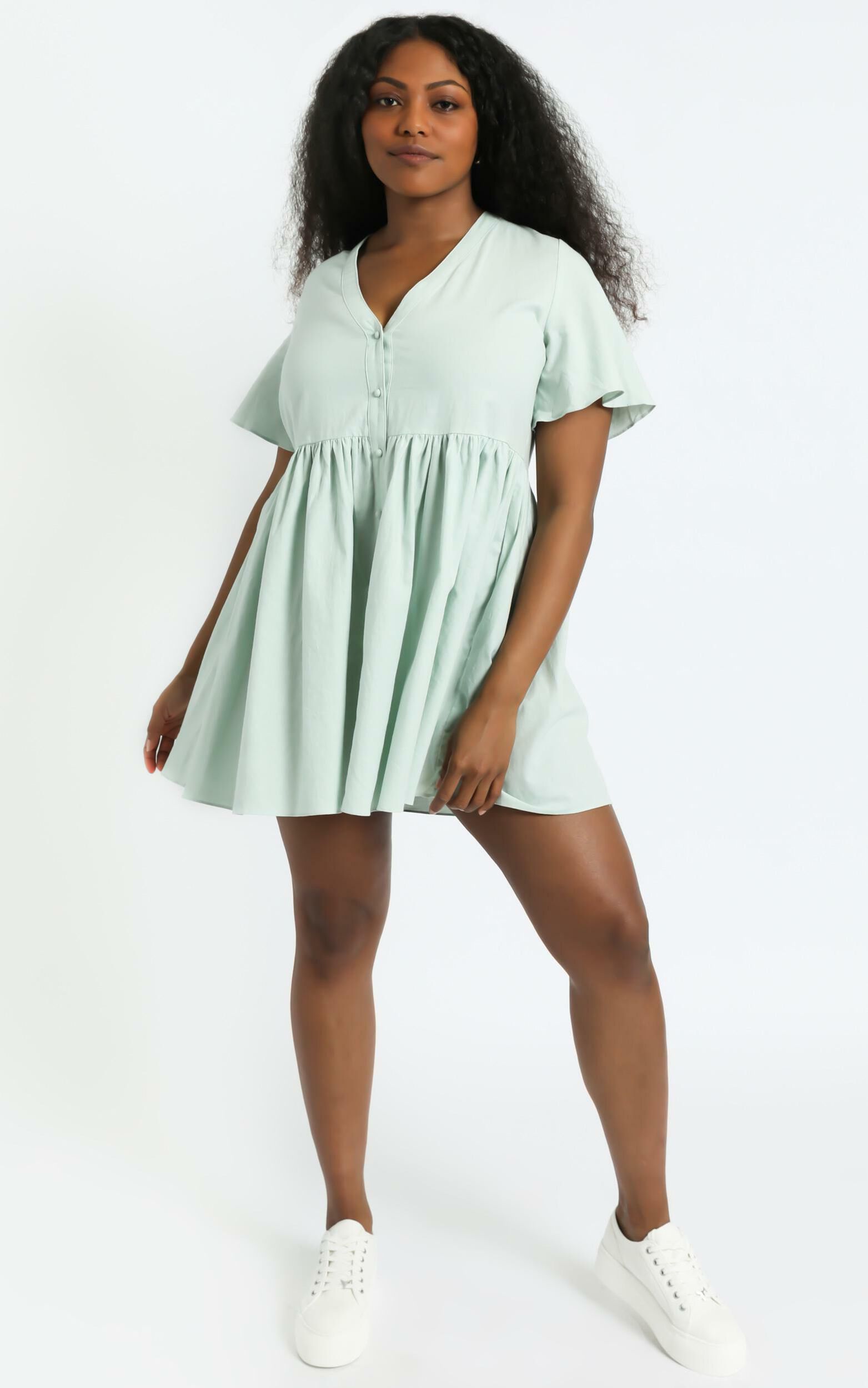 Staycation Smock Button Up Mini Dress in Light Sage - 04, GRN4