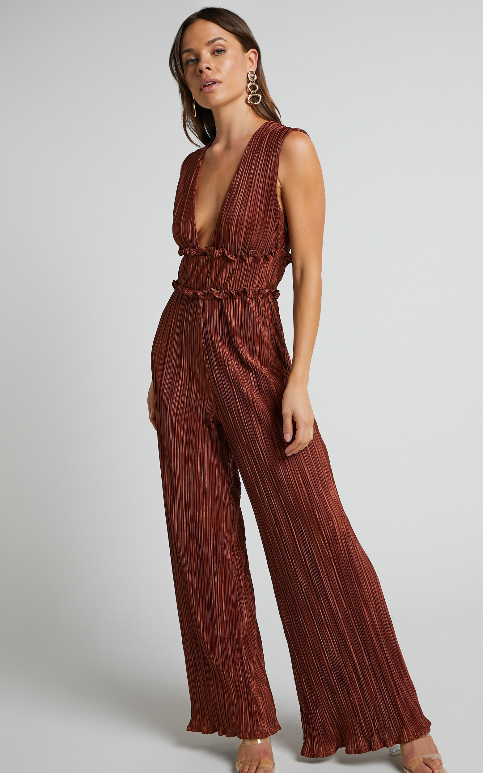 Armida Jumpsuit Plunge Neck Wide Leg Plisse Jumpsuit in Copper