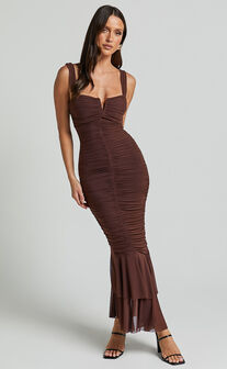 Kody Midi Dress - Bodycon Ruched Mesh Cut Out Dress in Chocolate