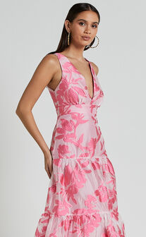 Reba Midi Dress - V Neck Tiered Jacquard Dress in Pink