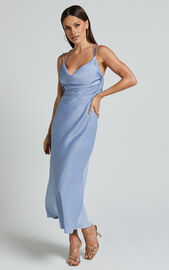Soft Petal Midi Dress - Cowl Crossover Back Dress in Cornflower Blue ...