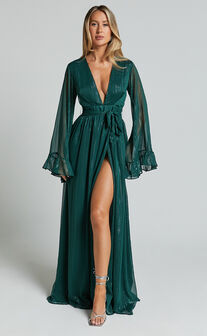 Dangerous Woman Maxi Dress - Plunge Thigh Split Dress in Emerald