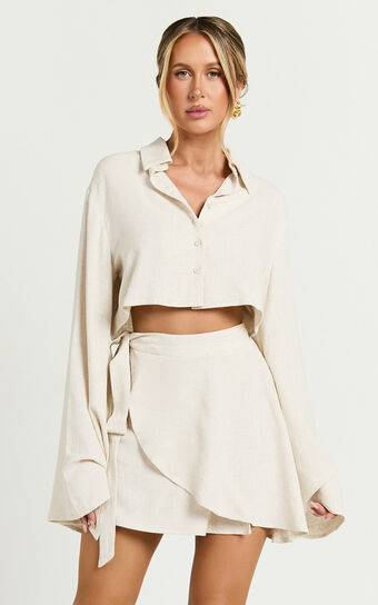 Emmy Two Piece Set - Linen Relaxed Crop Shirt and Wrap Skirt in Oat