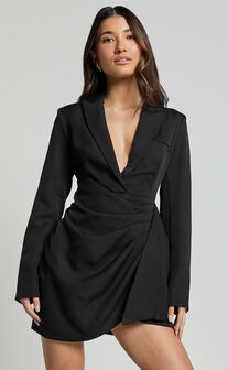 Noni Mini Dress - Blazer Wrap Dress in Black