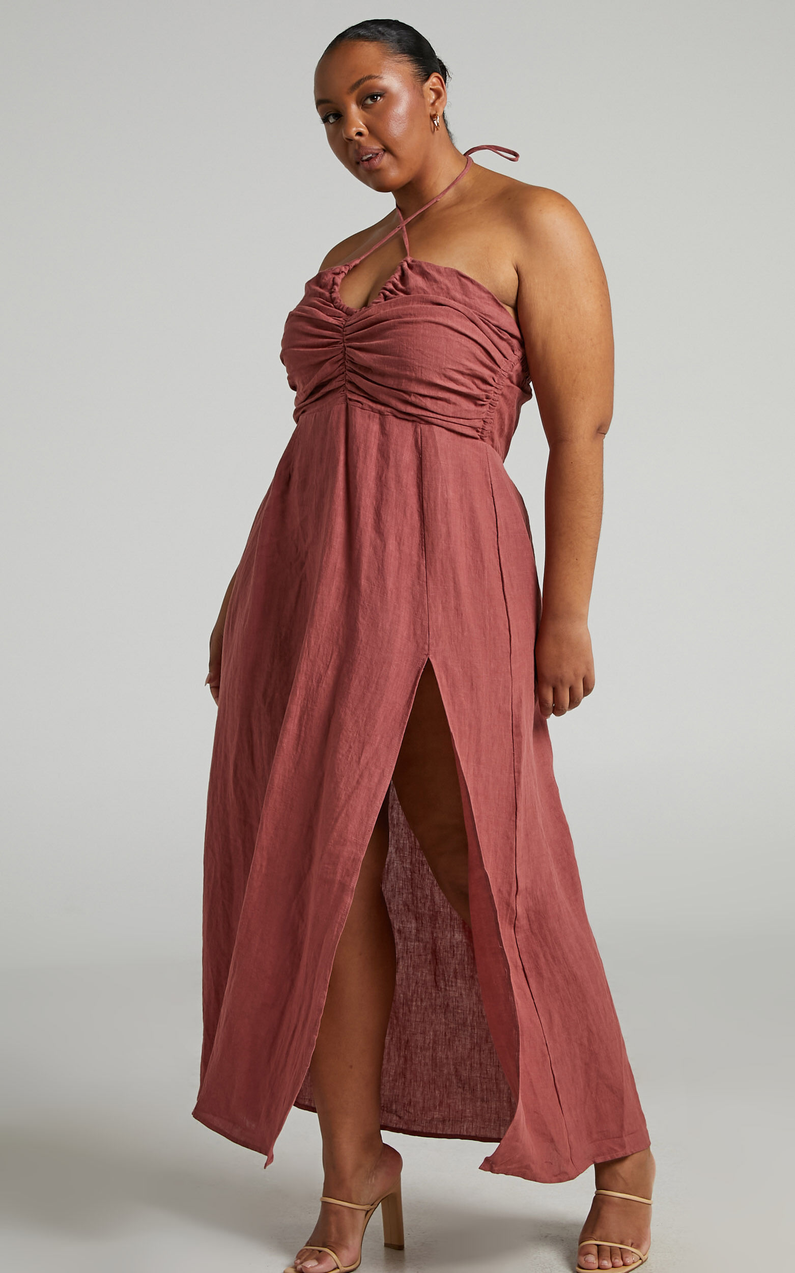 Amalie The Label Zuri Linen Gathered Bodice Halter Maxi Dress in Burnt Rose