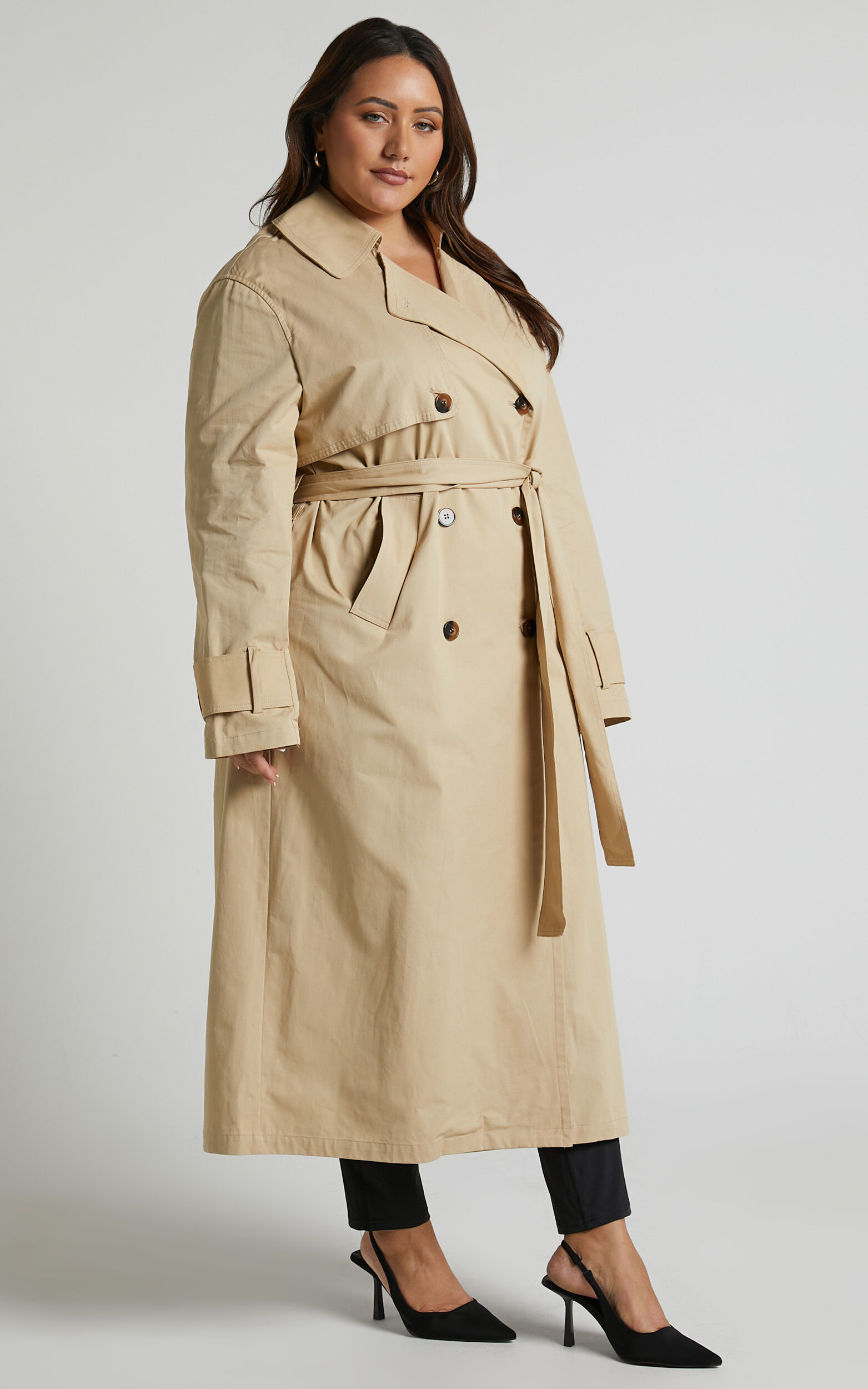 Avah Trench Coat Double Breasted Tie Waist Coat in Camel Showpo NZ