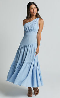 Celestia Midi Dress - Tiered One Shoulder Dress in Soft Blue