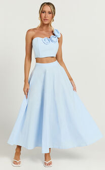 Claire Two Piece Set - One Shoulder Rosette Detail Crop Top And A Line Skirt Set in Powder Blue