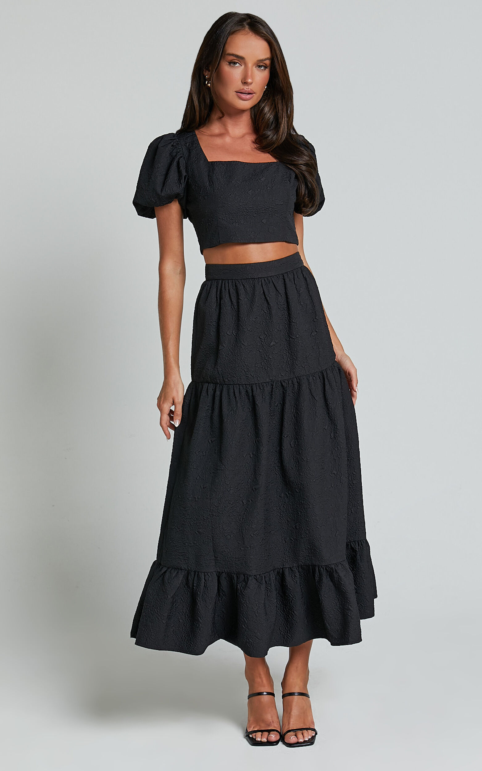 Black ruffle hem midi skirt top