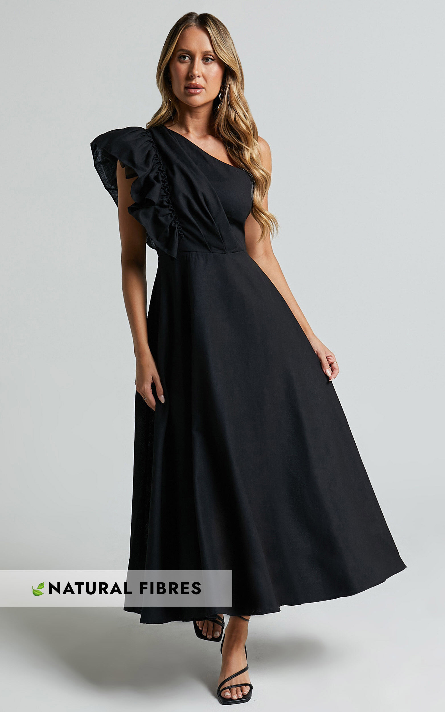 Dixie Midi Dress - Linen Look One Shoulder Ruffle Dress in Black - 06, BLK8