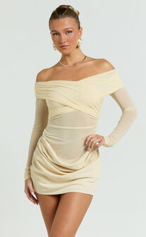 Jade Mini Dress - Long Sleeve Off Shoulder Draped Bias Cut Dress in Cream