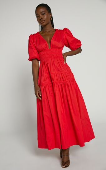 Mellie Midi Dress - Puff Sleeve Plunge Tiered Dress in Cherry Tomato